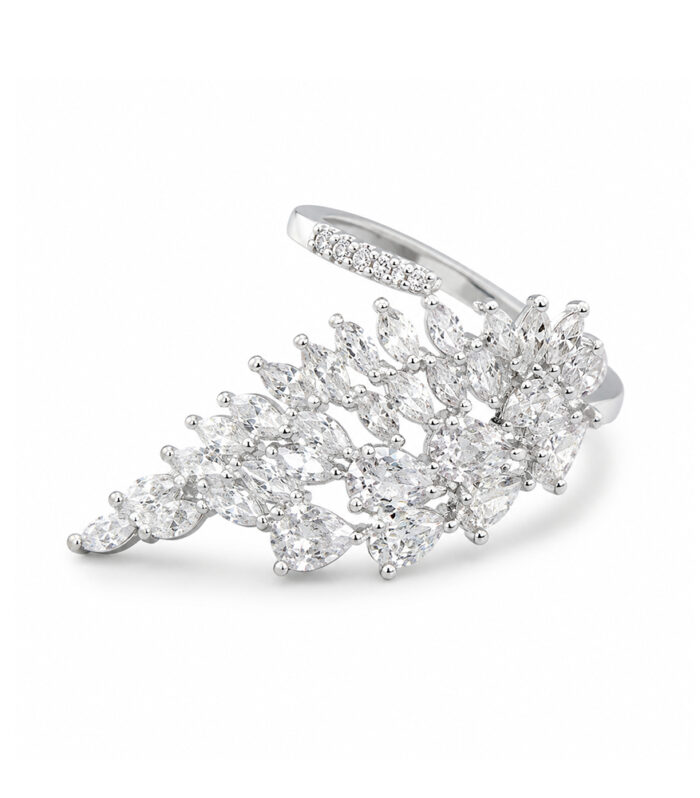 Silver Crystal Leaf Adjustable Ring