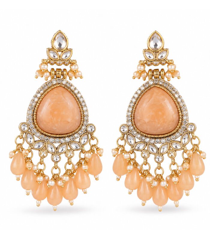 Peach Pearl Kundan Chandelier Earrings