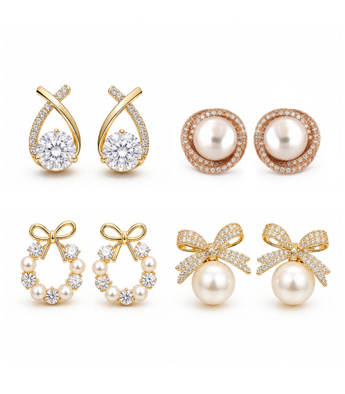 Golden Pearl Bow 4-Pair Earring Set