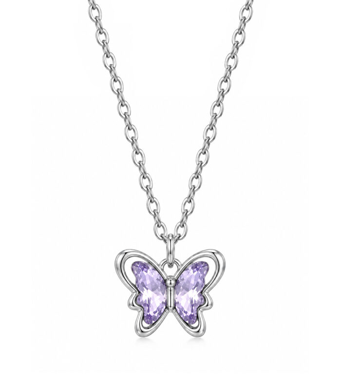 Elegant Purple Crystal Butterfly Silver-Tone Pendant